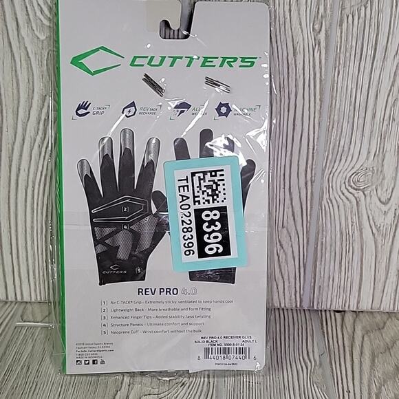 Cutters Extreme Grip Rev Pro 4.0 Black Football Receiver Gloves Adult Size L NWT - Picture 5 of 5